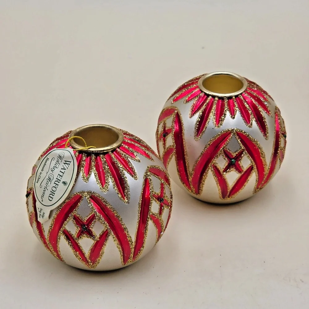 Waterford Holiday Heirlooms Cashel Candlestick Holders Red Green Pair New in Box